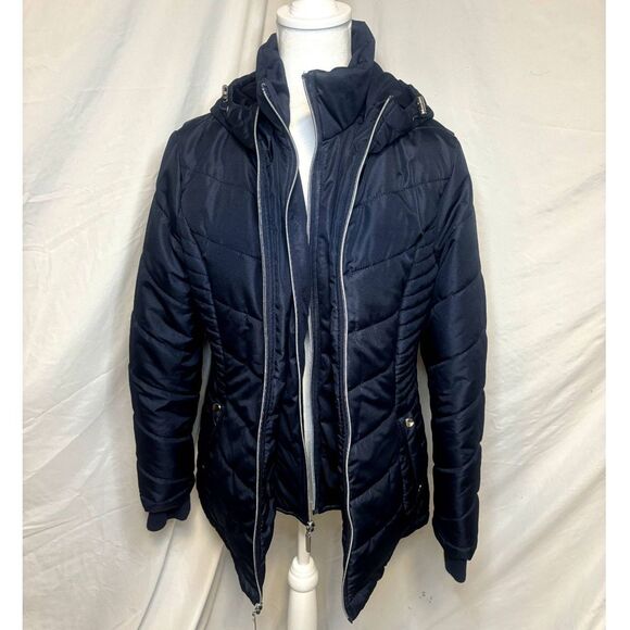 INTL Details Navy Blue Quilted Layered Puffer Coat Jacket Zip Up Hooded Comfy - Picture 1 of 8